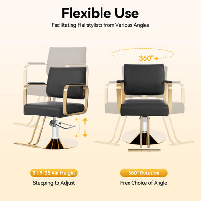 360-Degree Rotating Chair In The Hair Salon 440.92lbs Load 31.9-35.4in Height Black Golden Suitable For Salons Barber Shops Spas
