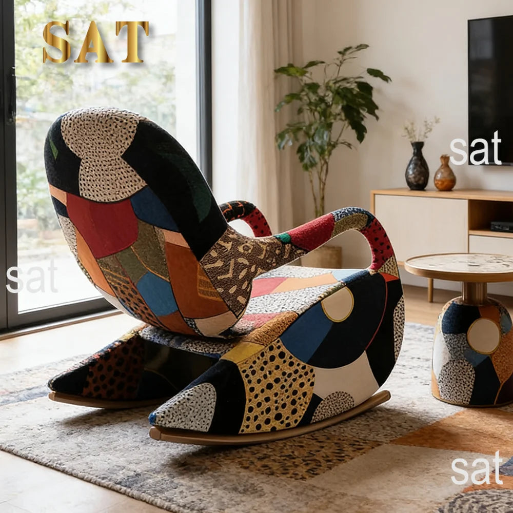 tyModern Patchwork Fabric Rocking Chair With Footrest Upholstered Accent Lounge Armchair for Living Room Bedroom Furniture@