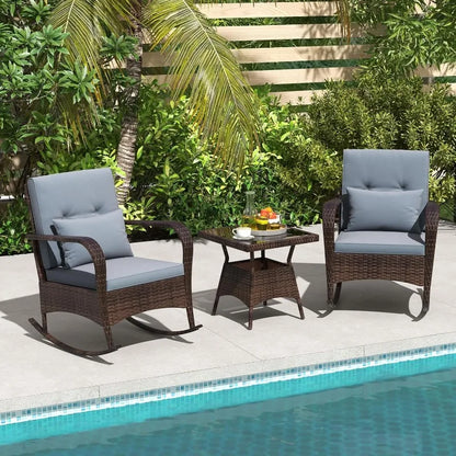 3 Pieces Patio Furniture Set, Outdoor Wicker Rocking Chairs with Cushions, Pillows, Glass Coffee Table, Rattan Bistro Ro