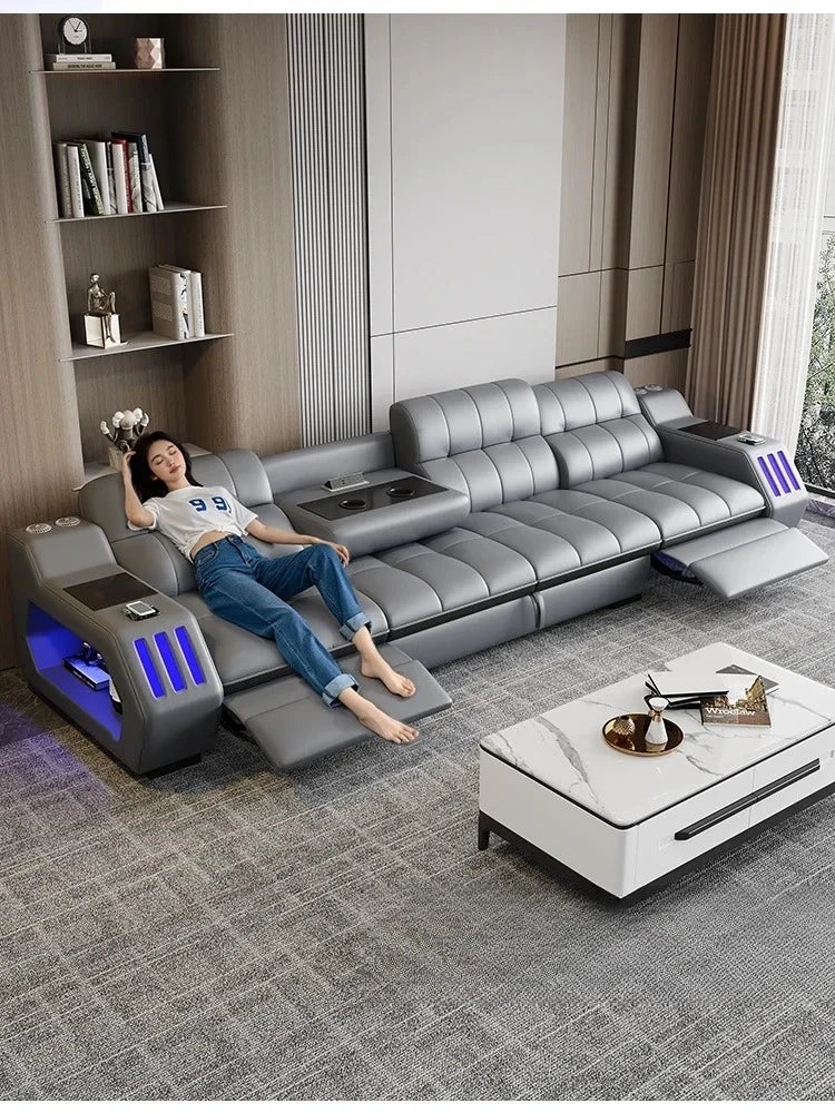 Modern Sectional Sofa Bed with LED Light, Electric Recliner and Massage，Living Room Genuine Leather Couch