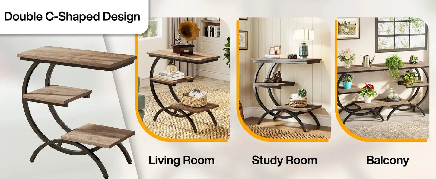 Tribesigns C-Shaped End Table, Industrial 3-Tier Small Table for Couch, Wood Bedside Table Snack Table with Storage Shelves
