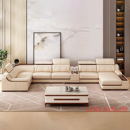 Modern U-Shaped Sectional Sofa Set with Chaise Lounge, Genuine Leather Couch with Storage Table, USB – Big Living Room Furniture
