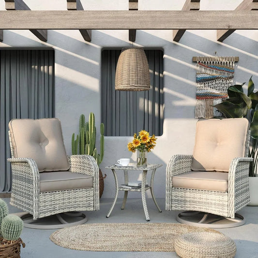 Patio Rocking Swivel Chair Outdoor Wicker Rattan Bistro Set with Tempered Glass Side Table