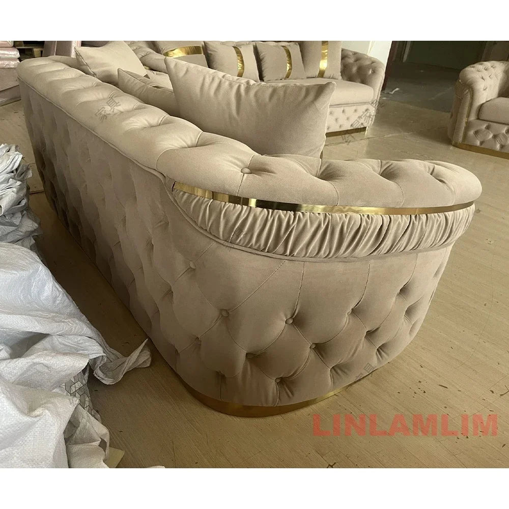 A Luxury Chesterfield Sectional Sofa Set With Cloth Buttons And Fabric Modular Couch With Gold Stainless Steel Base, 3-seater So