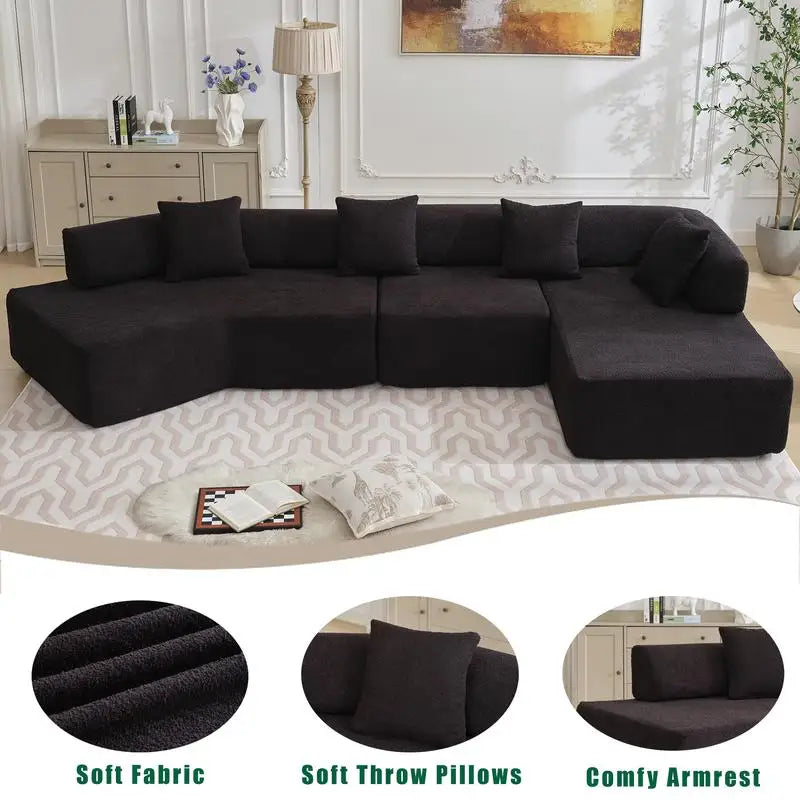 Modern Minimalist Sectional Sofa: L-Shape Cloud Couch with Deep Seats Right Chaise - Black