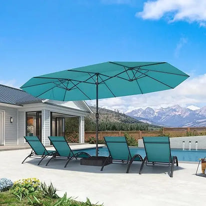 15ft Patio Market Umbrella with Base Double-Sided Rectangle Outdoor Table Sun Umbrellas with Crank 12 Heavy Duty Sturdy Ribs fo