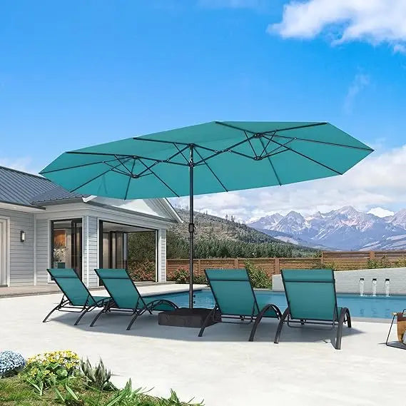 15ft Patio Market Umbrella with Base Double-Sided Rectangle Outdoor Table Sun Umbrellas with Crank 12 Heavy Duty Sturdy Ribs fo