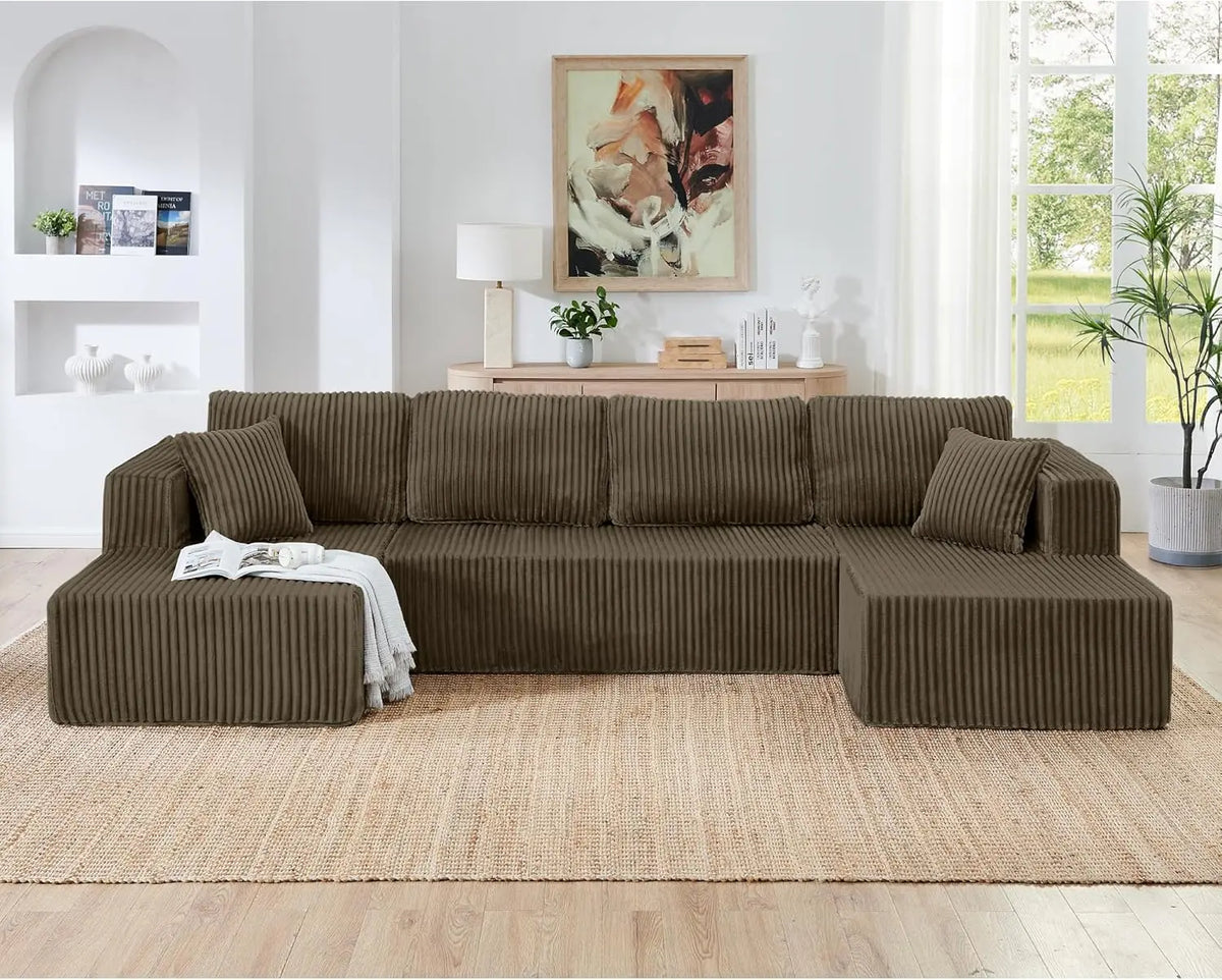 Comfy Boneless Sectionals For Living Room, Plush Corduroy Couch With Comfy Chaise Lounge, U Shaped Sectionals Foam Couches