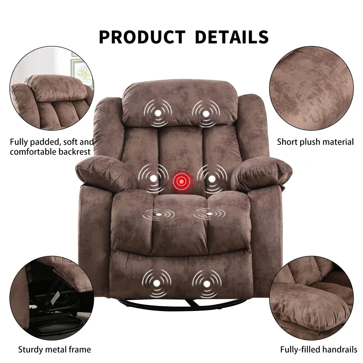 Rocker Recliner with Heat and Vibration, Manual Swivel Rocking Chair with Vibrating Massage, Comfy Padded, Customized