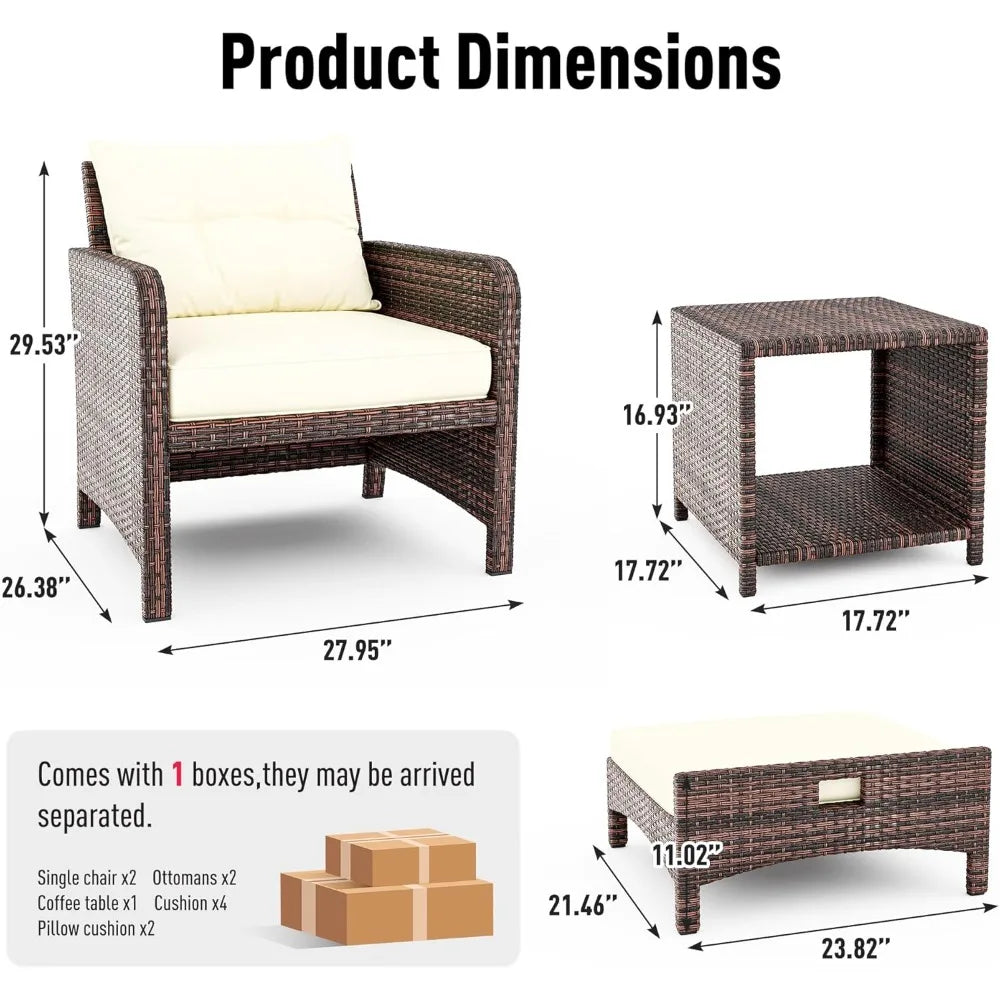 Outdoor Patio Wicker Chair Set for 5 with Ottoman, Cushions, and Coffee Table Conversation Area