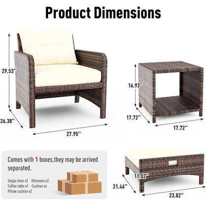 Outdoor Patio Wicker Chair Set for 5 with Ottoman, Cushions, and Coffee Table Conversation Area