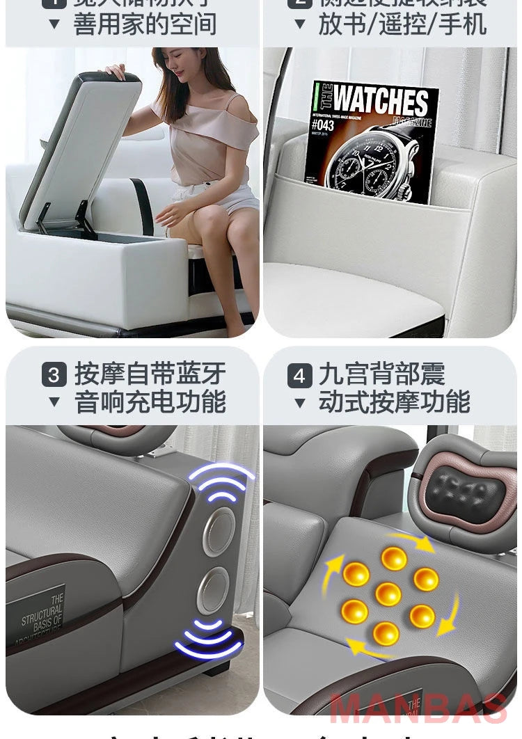 a48 Italy Genuine Leather Sectional Sofa with Bluetooth Speaker,Functional Headrest,Massage Chaise | L Shape Corner Couch