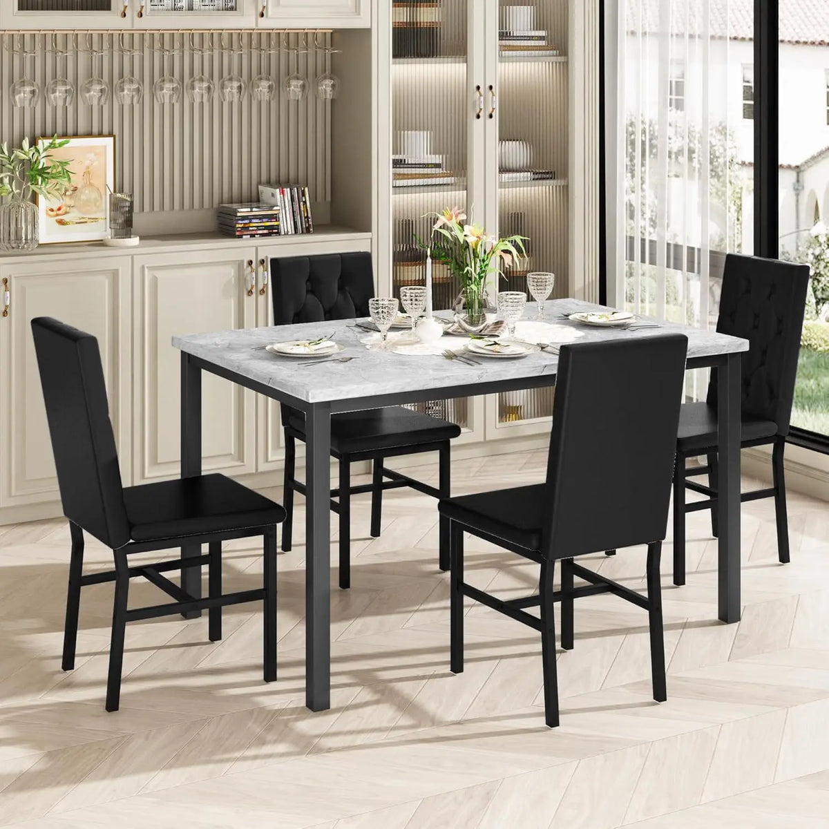 Faux Marble Dining Table Set for 4, Gray Button Tufted Chairs, Kitchen & Dining Room