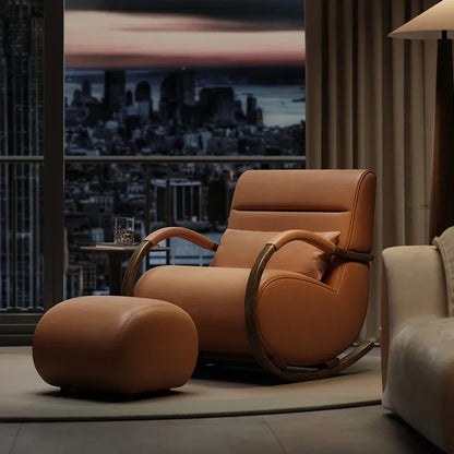 Solid wood leather lazy balcony leisure rocking chair bedroom living room household single sofa chair