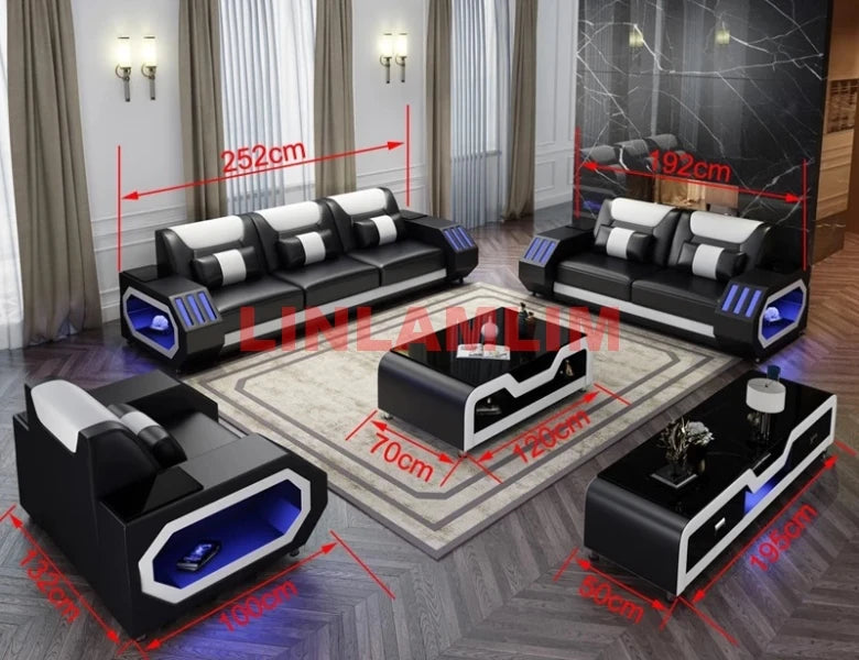 Futuristic LED Italian Genuine Leather Sofa Set – Modern Sectional Couch with Illuminated Arm Storage and High-Density Cushions