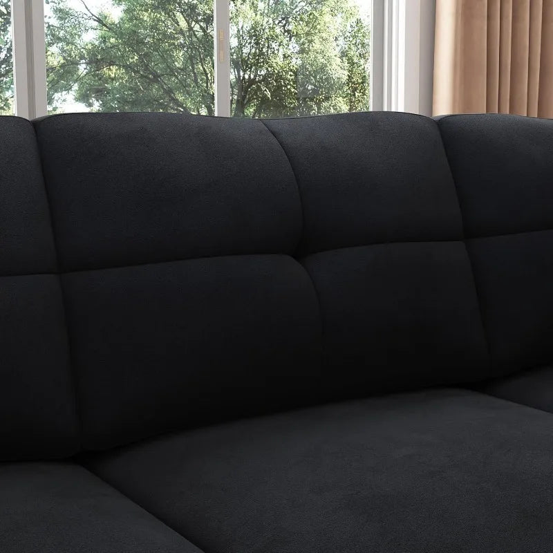 Convertible L-Shaped Sectional Sofa, Reversible Velvet Couch for Small Apartment Living Room, Black