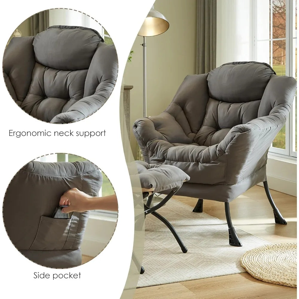 Fabric Lazy Chair with Foldable Ottoman, Accent Comfy Lounge Arm Chair and Folding Footrest Stool Set, Leisure Sofa Reading Cha