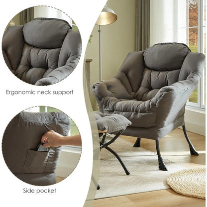 Fabric Lazy Chair with Foldable Ottoman, Accent Comfy Lounge Arm Chair and Folding Footrest Stool Set, Leisure Sofa Reading Cha