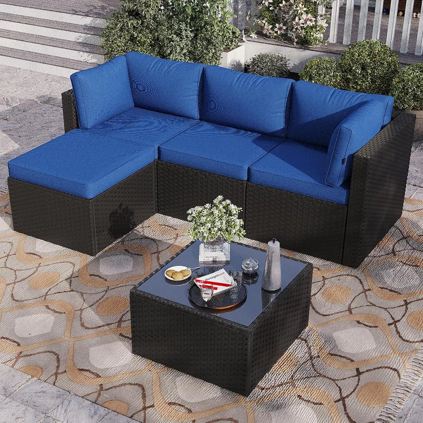 5-Piece Outdoor Sectional Sofa with Washable Cushion, Wicker Rattan Patio Conversation Set for Backyard Porch Poolside, Custom