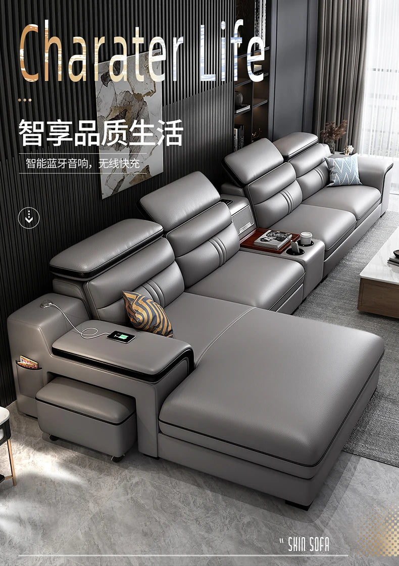 Genuine Leather Sofa Cowhide Modern Wireless Charging Smart Audio Sofa Living Room Corner Combination Divano Home Furniture