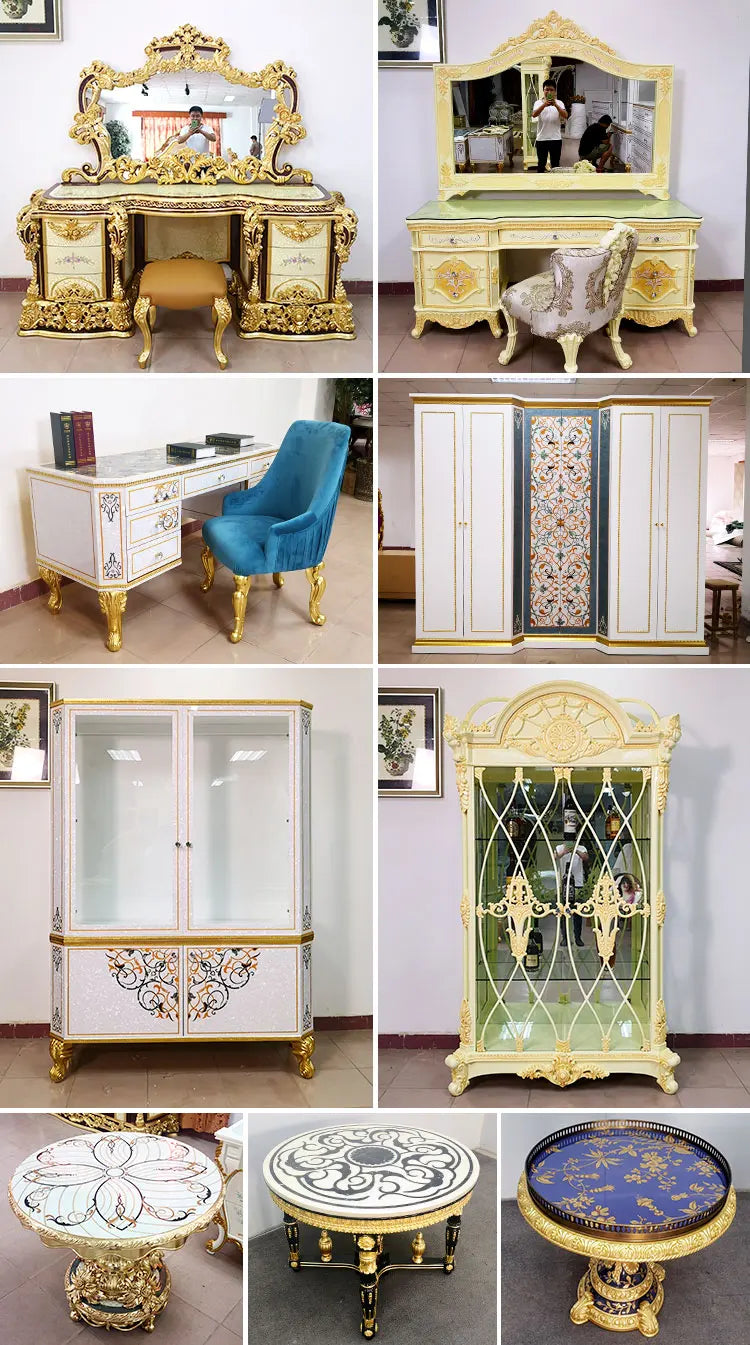 French Royal Baroque Dining Set — Hand-Carved Solid Wood Table with Upholstered Chairs, Luxury Gold for Villa/Hotel
