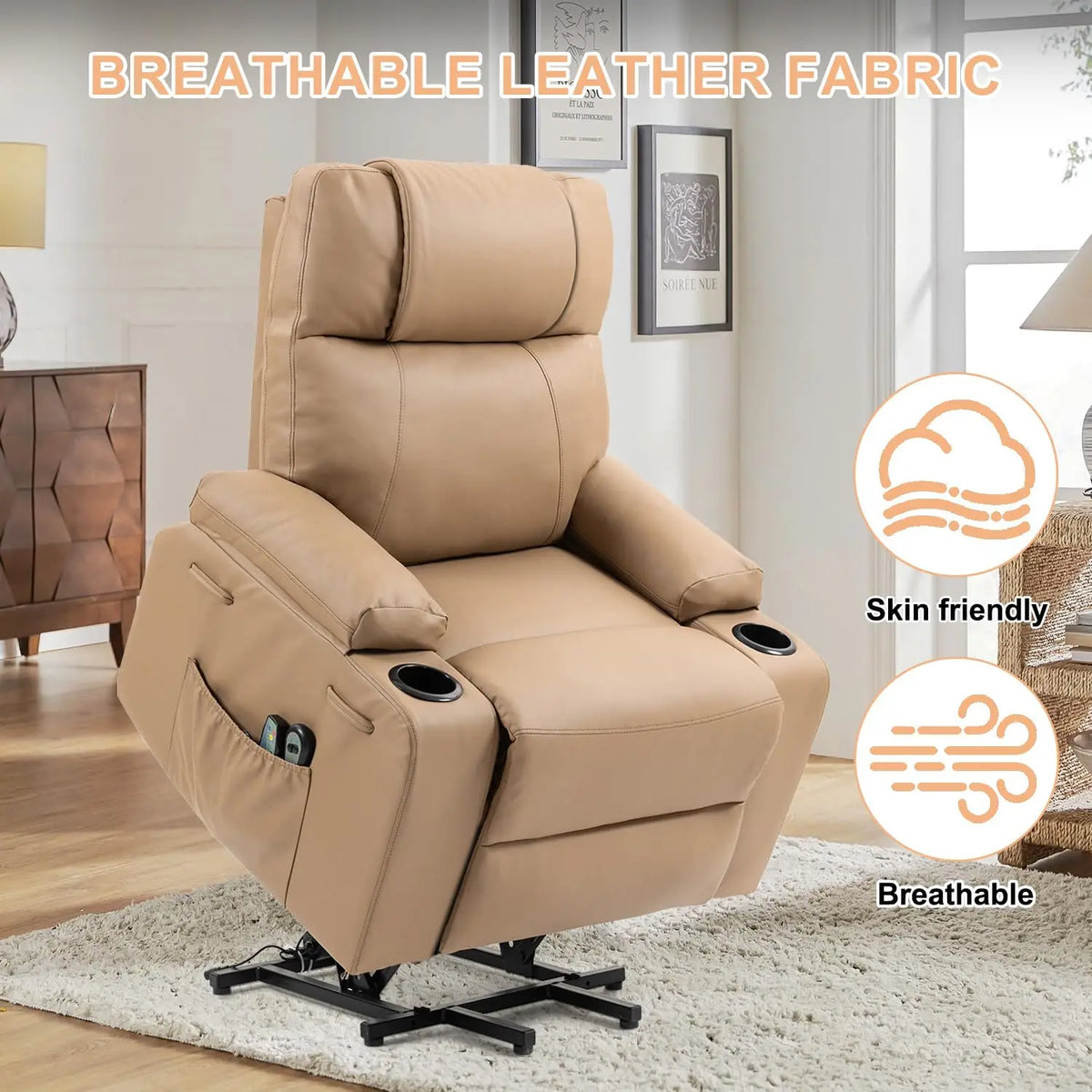 Dual Motor Power Lift Recliner for Elderly Adults with Heat Massage Lay Flat Feature Wireless Remote Cup Holder Customizable