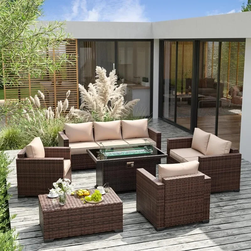 Furniture Set with Fire Pit Table, 8 Pieces Outdoor Oversized Sectional Sofa