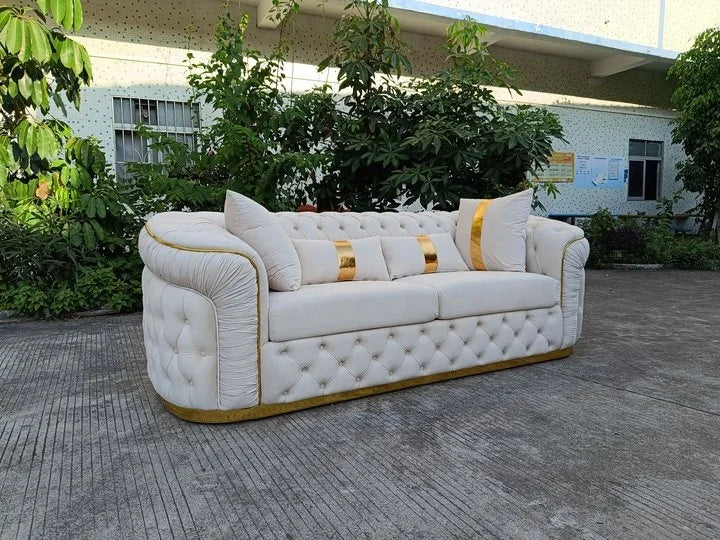 Home Luxury White Velvet Love Seat Three Seats Tufted Living Room Sofa Gold Stainless Steel Decoration