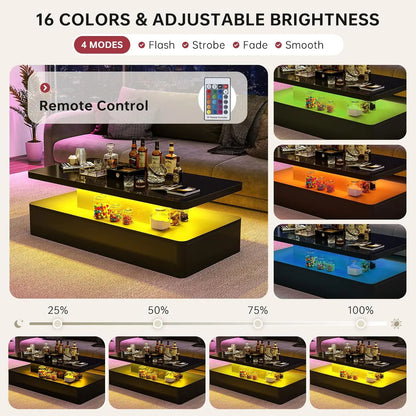 Modern LED Coffee Table, 40" Living Room Tables with 16 Colors LED Lights, Double-Layer Design, Stylish Coffee Tables