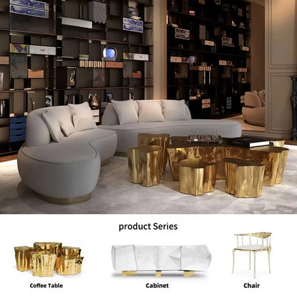 Luxurious Leisure Leather Curved Sofa with Brass Base Couch Elegance Living Room Set Villa Whole House Furniture Customization