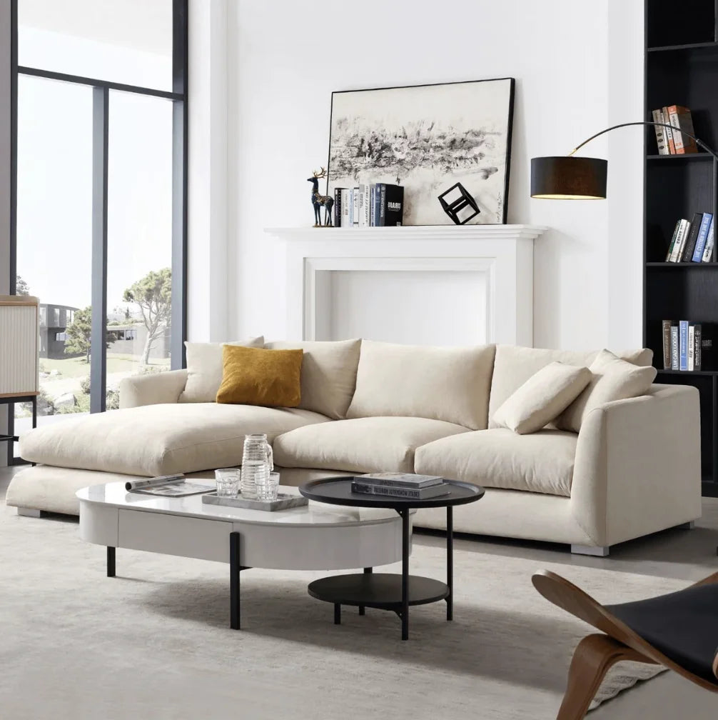 Modern Home Living Room Sofa Set Furniture White Linen Feather Cream Beige Fabric L Shaped Corner Modular