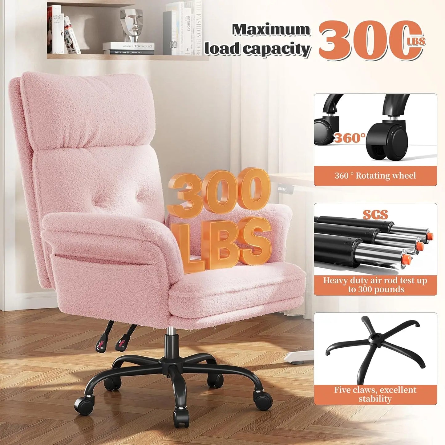 Big and Tall Office Chair with Adjustable Armrests & Wheels，145° Reclining Desk Chair Comfy,Pink Vanity Chair for, Customized