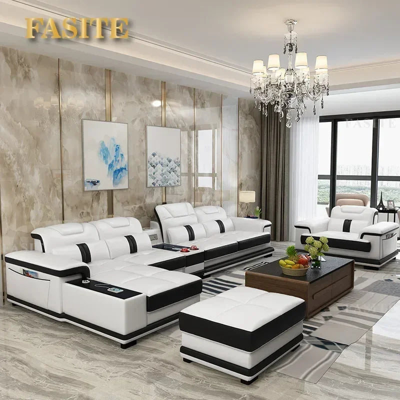 durable Living Room Sofa set corner sofa speaker real genuine cow leather sectional sofas nordic L shape bluetooth headrest func