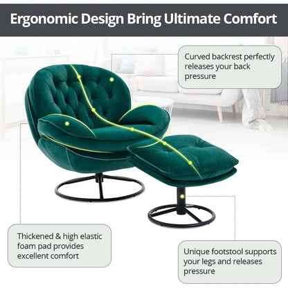 luxurious velvet swivel chair and ottoman set, contemporary lounge chair with metal frame and footrest, cozy single relaxation s