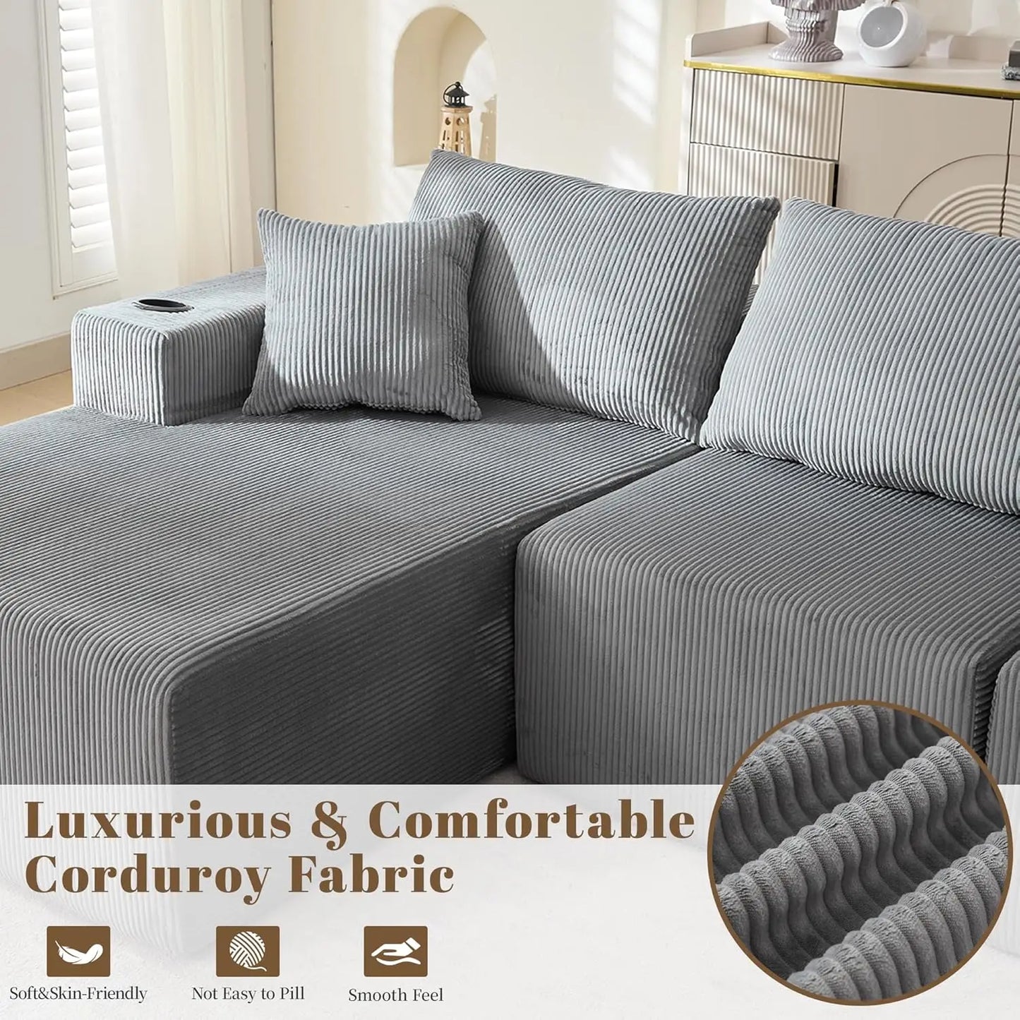 107" Cloud Sectional Couch, Modular Sectional Sofa with L-Shape Chaise, Corduroy Boneless Couch with Deep Seat, Upholstered Sofa