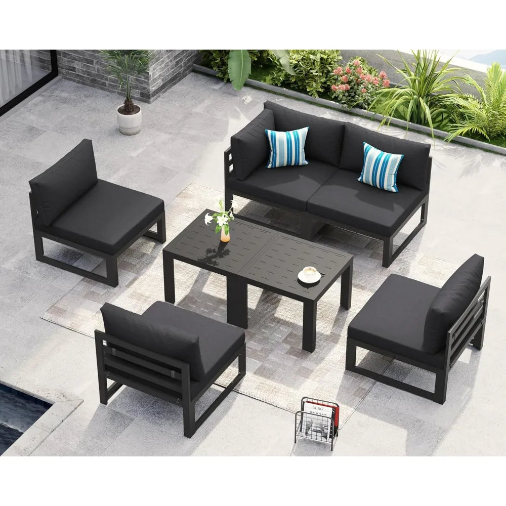 5 Person Luxury Aluminum Outdoor Sectional Sofa with Side Table, Large L Shaped Patio Furniture Set, 29