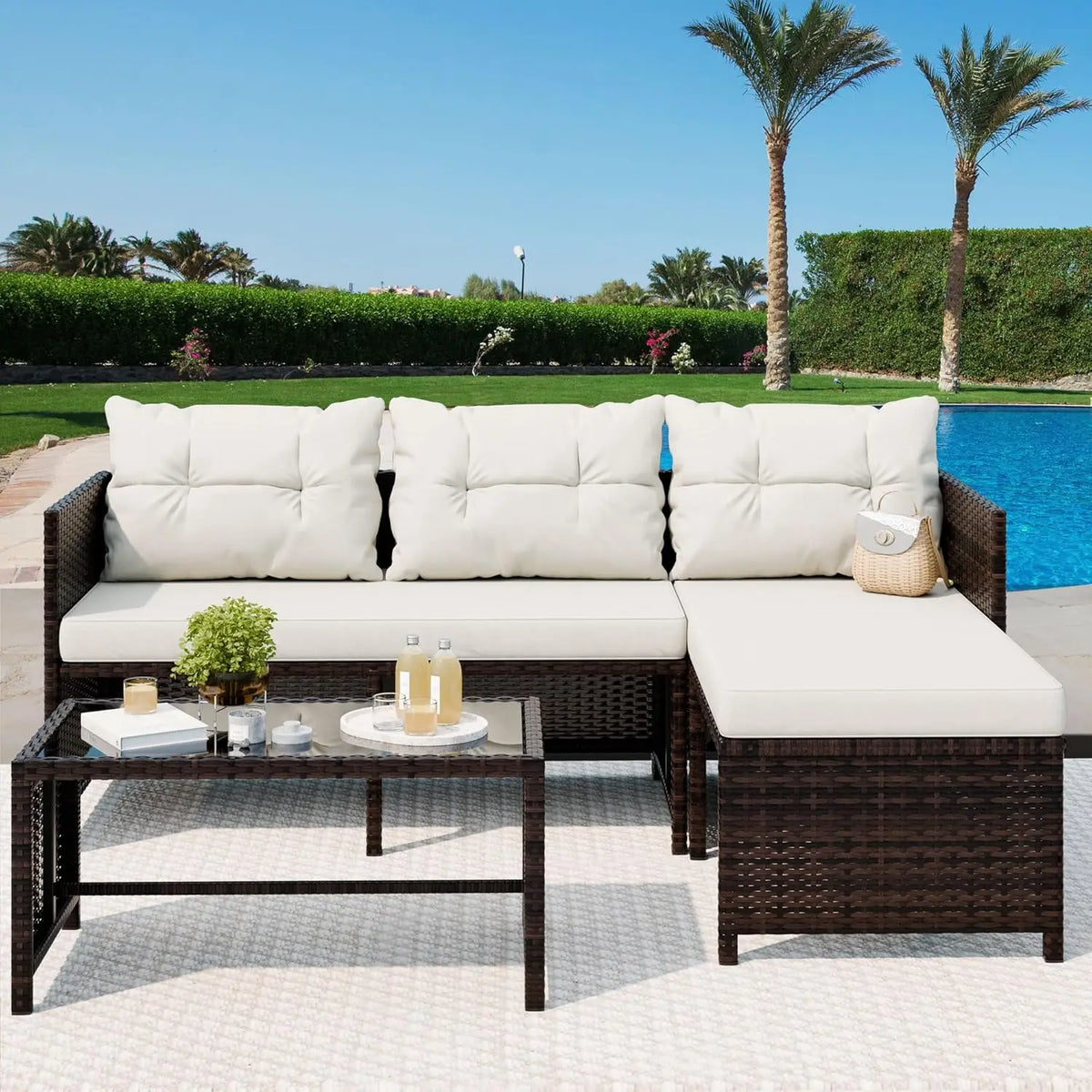 Vongrasig 3 Piece Patio Furniture Sets, All-Weather Wicker Outdoor Sofa Couch Sectional Set, Small Conversation Set for Patio, G