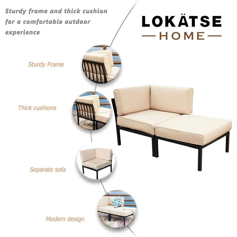 2 Piece Patio Furniture Set Sectional Balcony Corner Outdoor Loveseat Couch Armchiar Sofa with Ottoman Metal Steel Frame, Khaki