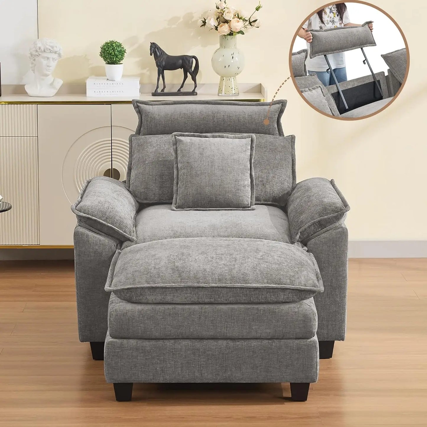46''Cloud Oversized Sofa Chair with Detachable Headrest, Upholstered Comfy Arm Accent Chair with Ottoman,Modern, Customized