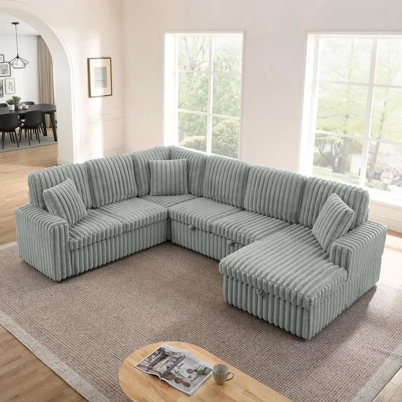Grey Corduroy Striped Upholstered Sofa, Modern Minimalist U-shaped Sectional Sofa with Pull-out Bed & Storage Chaise, Soft and