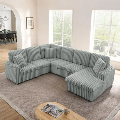 Grey Corduroy Striped Upholstered Sofa, Modern Minimalist U-shaped Sectional Sofa with Pull-out Bed & Storage Chaise, Soft and