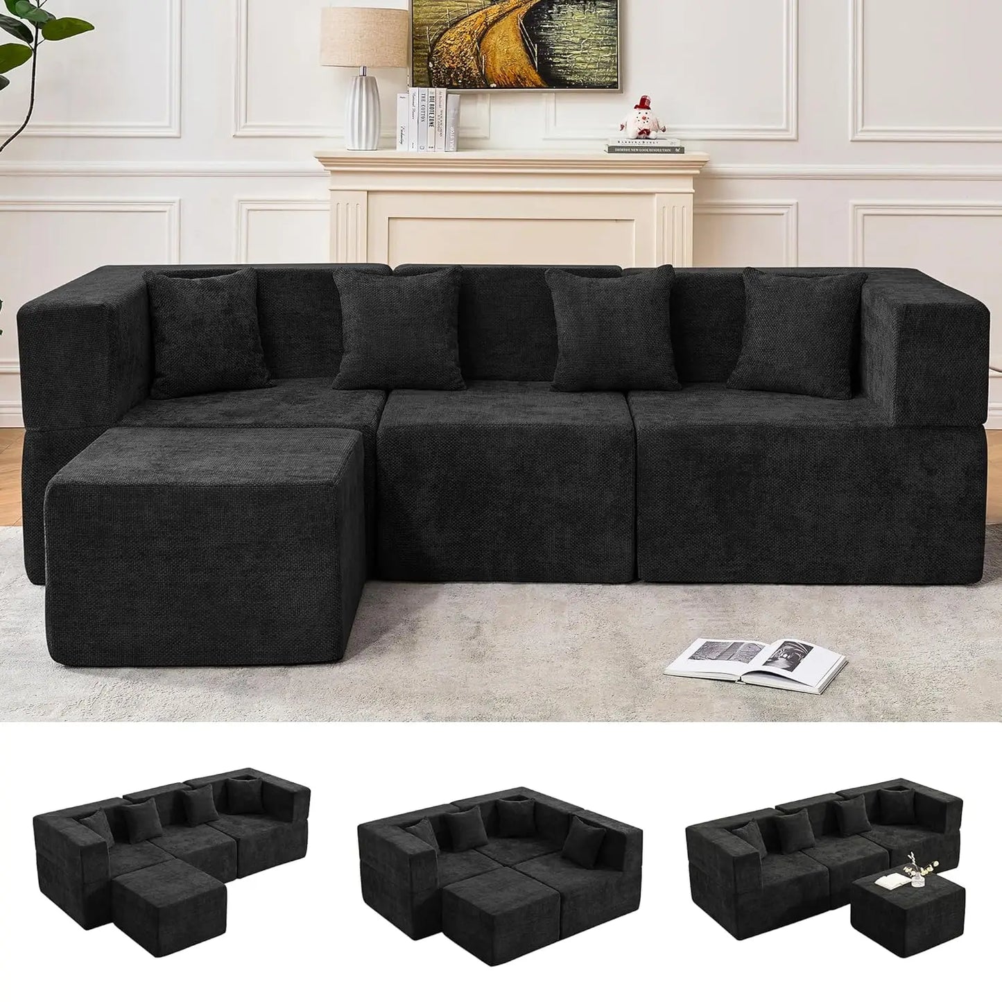 118" Compressed Sofa for Living Room L Shaped Boneless Couch, Modular Sectional Sofa, Sofa Bed Memory Foam Couches with Chaise