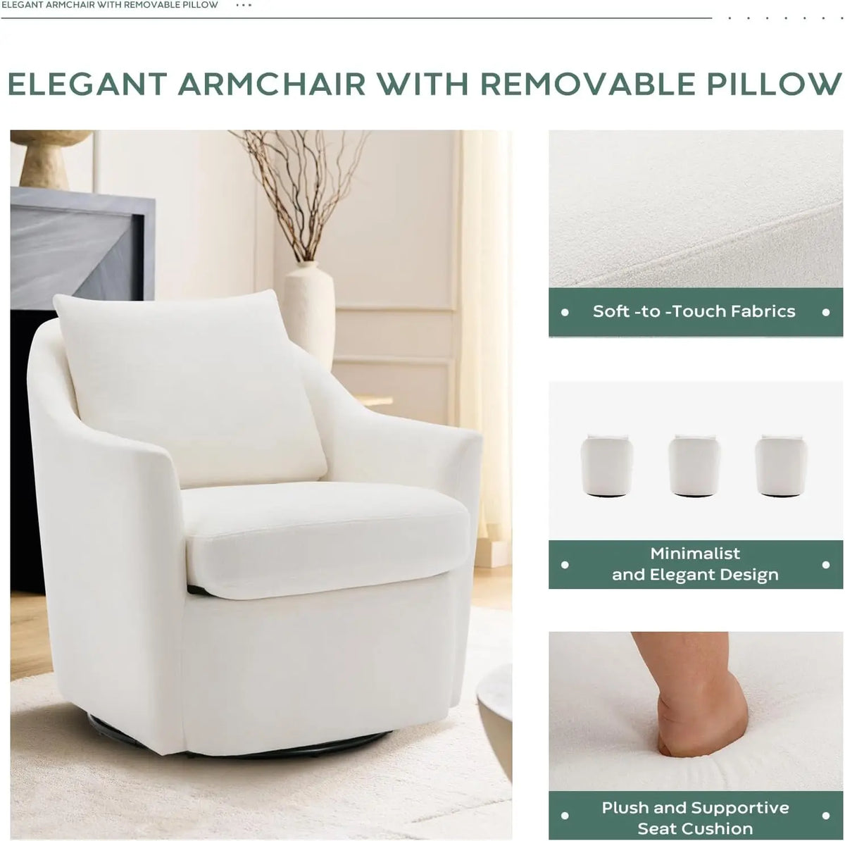 Swivel Accent Chair, Living Room Chair Upholstered 360° Swivel Chair Modern Reading Armchair for Bedroom/Office/Nursery,