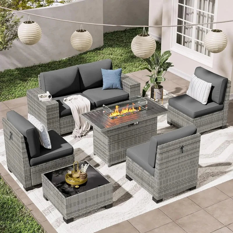 7 PCS Outdoor Sectional Conversation Set with 44" Propane Gas Firepit Table and Widen Wicker Armrests for Patio Furniture