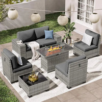 7 PCS Outdoor Sectional Conversation Set with 44" Propane Gas Firepit Table and Widen Wicker Armrests for Patio Furniture