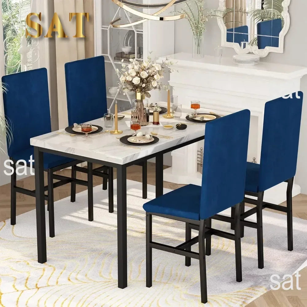 # Hot Sales Dining Table Set For 4- Space And Chairs For 4 Modern Style Faux Marble Tabletop & 4 Blue Velvet Chairs For Dining R