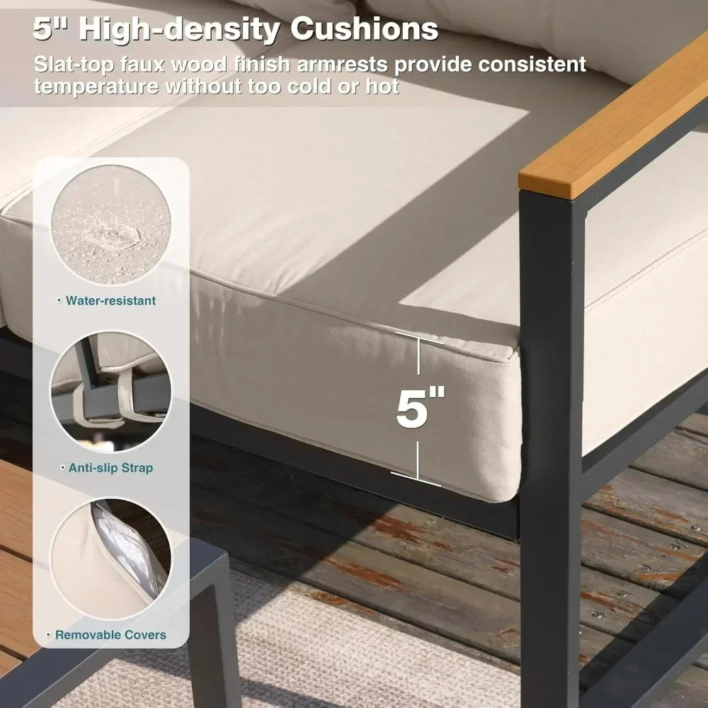 "6-Piece L-Shaped Patio Set - Outdoor Sectional Sofa w/ Faux-Wood Side Table, All-Weather Conversation Group"