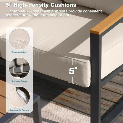 "6-Piece L-Shaped Patio Set - Outdoor Sectional Sofa w/ Faux-Wood Side Table, All-Weather Conversation Group"