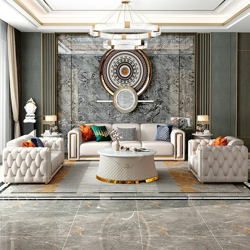 Living room Italian light luxury sofa post-modern first-layer cowhide buckle luxury leather sofa combination