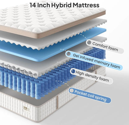 BedStory 14'' Full/King/Queen Size Mattress, Luxury Hybrid Mattress, Gel Memory Foam & Pocket Springs, Manufactured in USA
